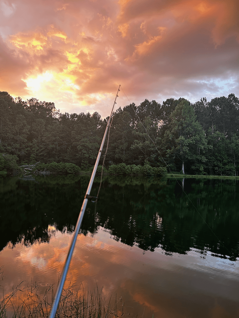 The private pond at The Barn at Haynes Hill at golden hour — fishing rod resting in the foreground, rose-and-amber sky reflected in still water